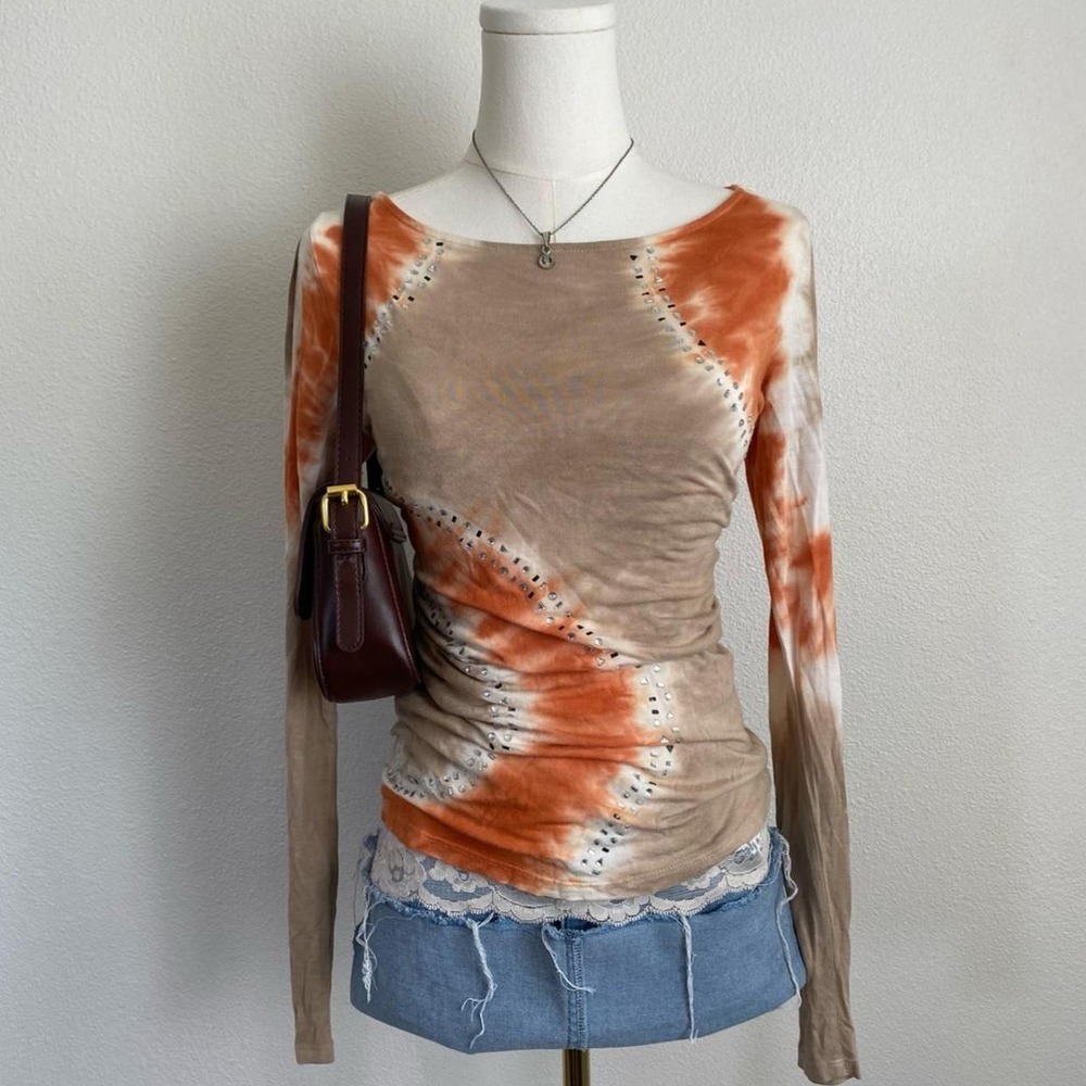 Y2K International Concepts Orange Tie Dye Boatneck Rhinestone Long Sleeve Top